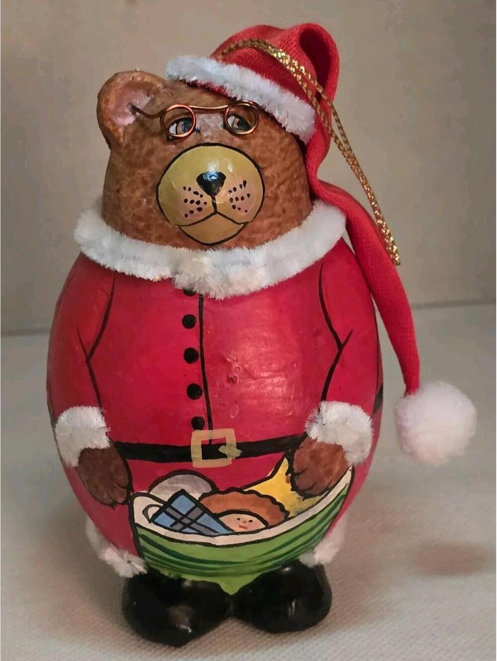 Vtg Santa Bear W/Glasses and Fur Trim Paper Mache Christmas Ornament Habitat Int
